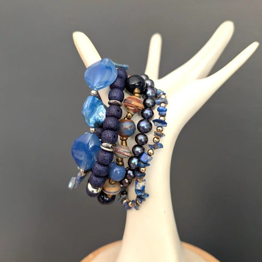 5 shades of blue layering beaded bracelets
